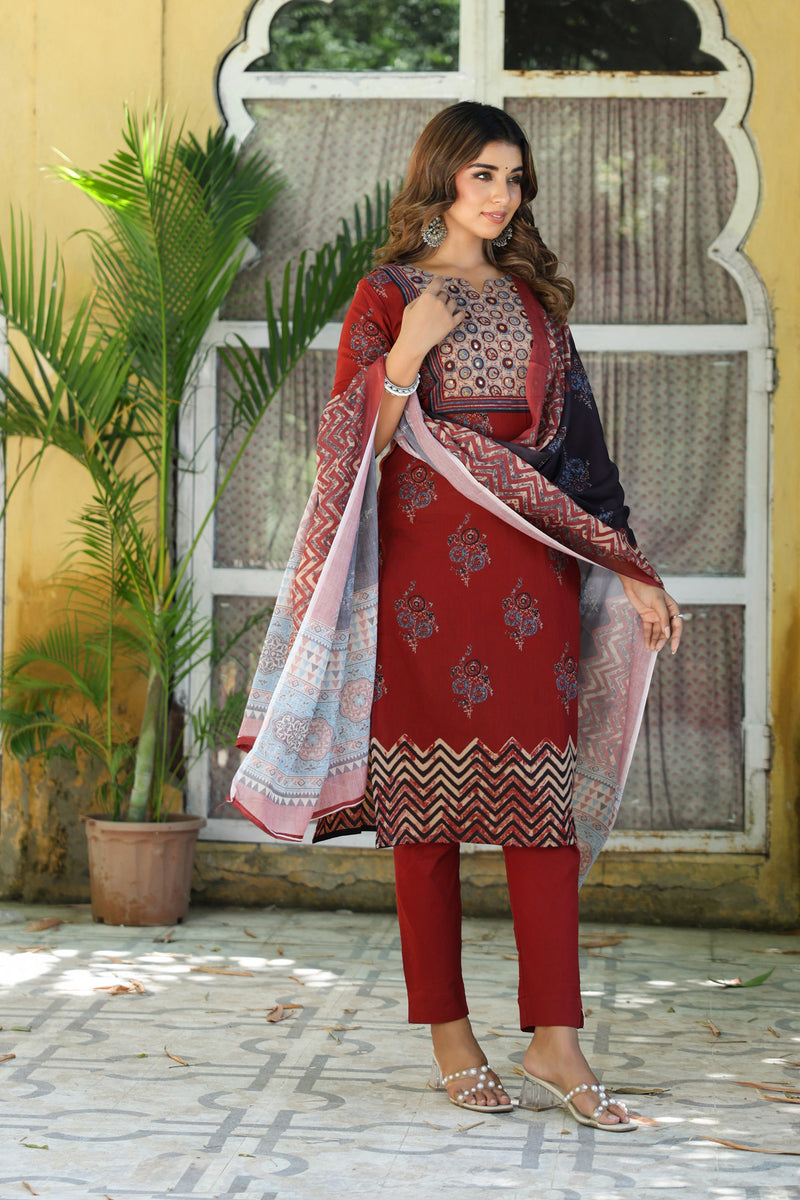 Madder Red Ajrakh Buta Kurta Set