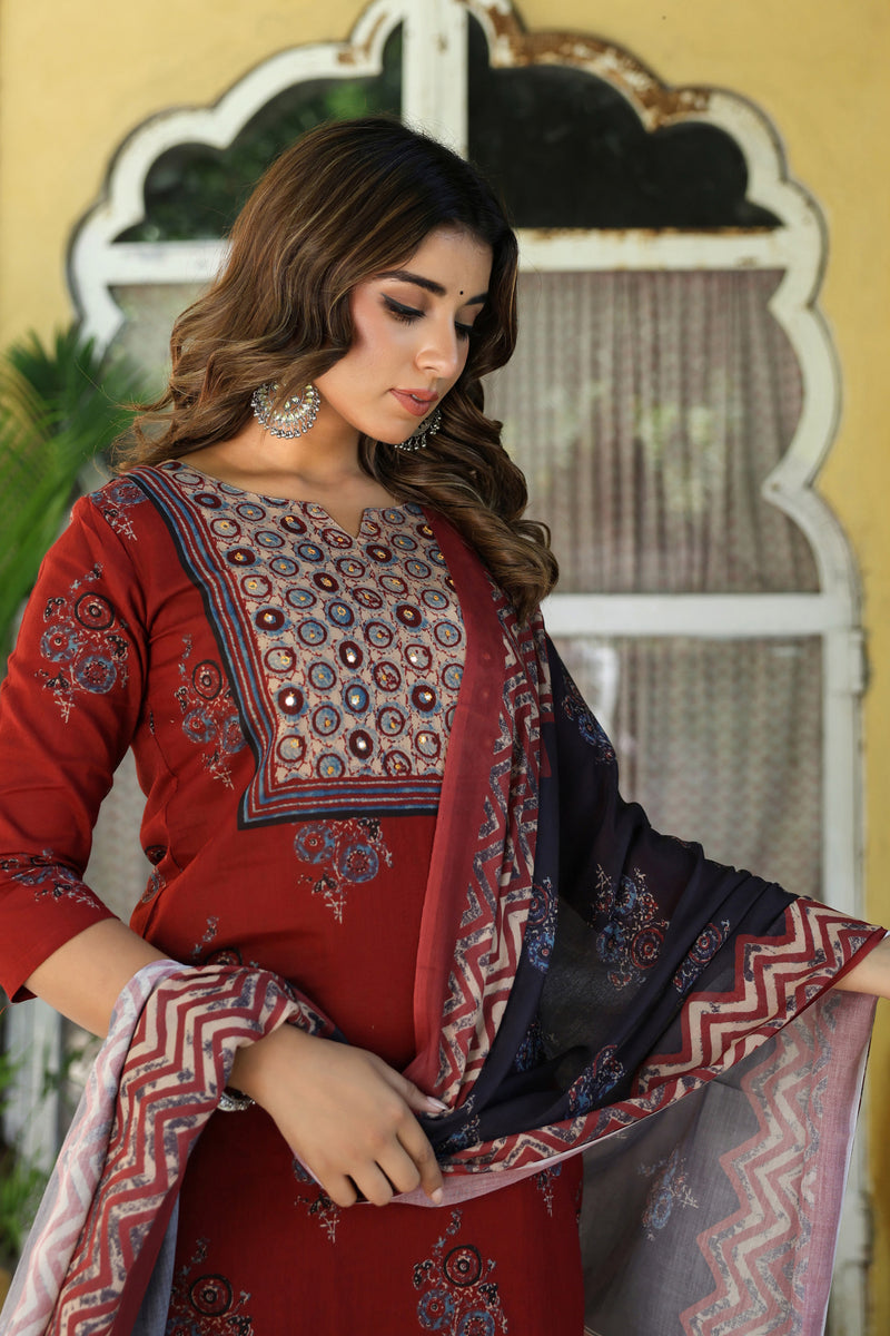Madder Red Ajrakh Buta Kurta Set