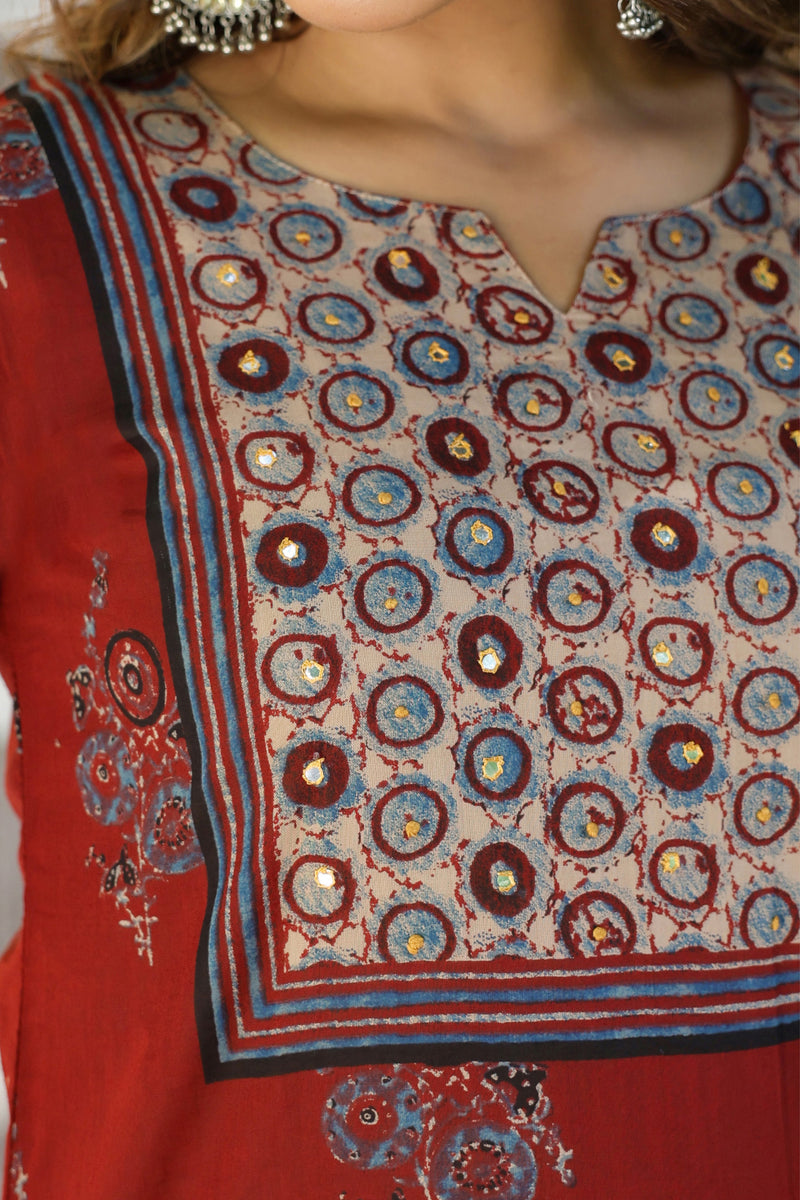 Madder Red Ajrakh Buta Kurta Set