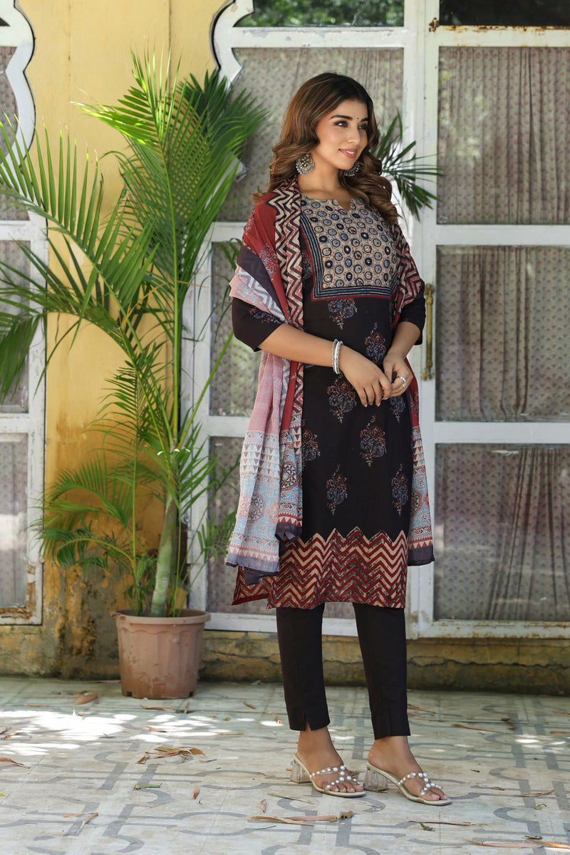 Black Ajrakh Buta Kurta Set