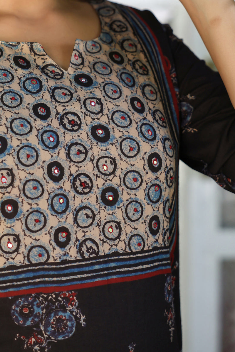 Black Ajrakh Buta Kurta Set