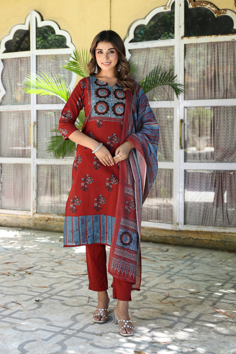 Red Black Mughal Kurta Set