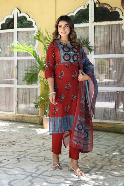 Red Black Mughal Kurta Set