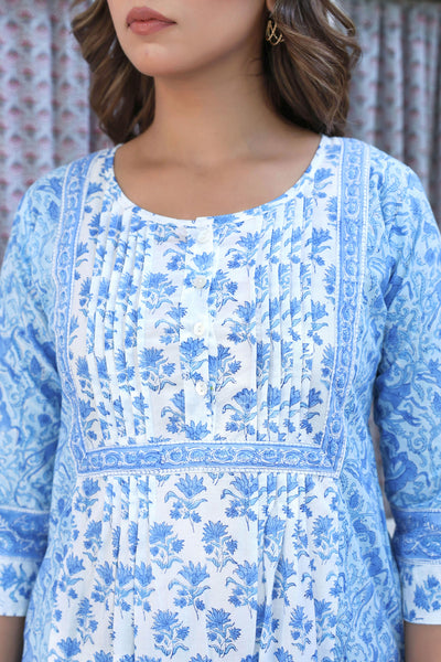 White Blue Floral Pintucks  Panel Kurti
