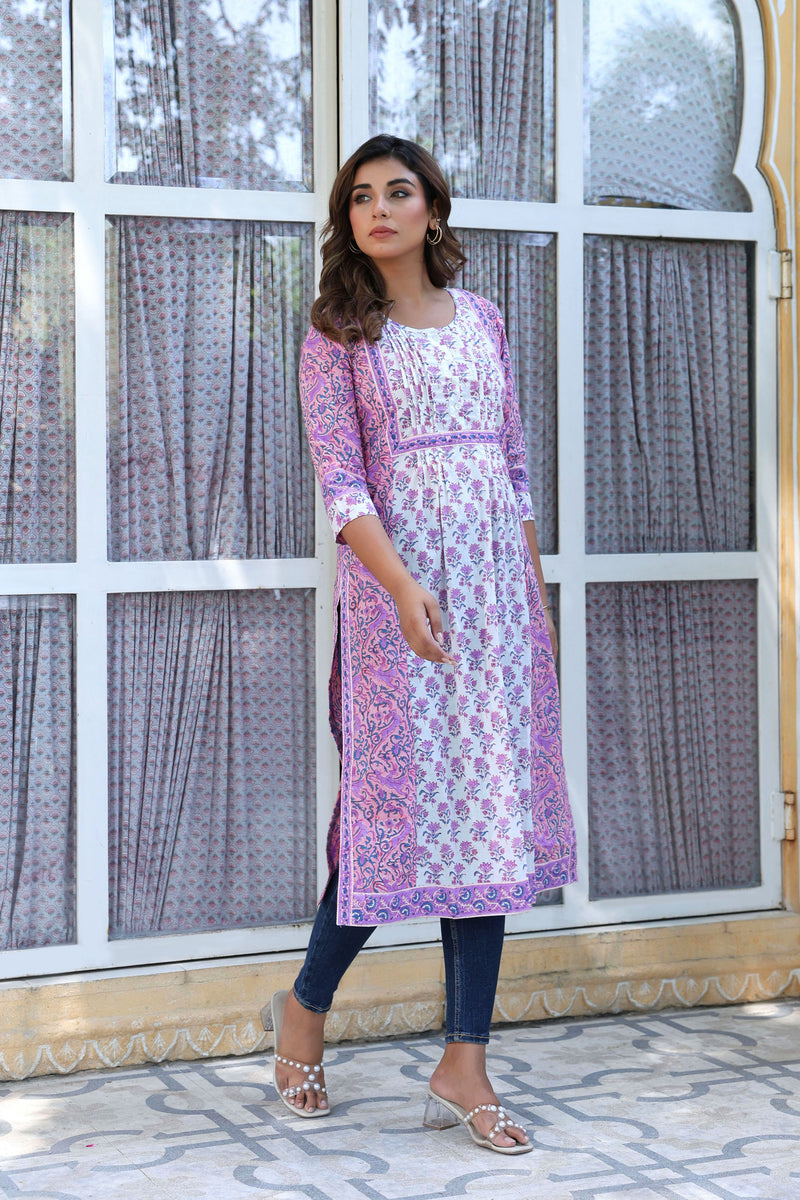 Purple Buti Floral Pintucks Panel Kurti
