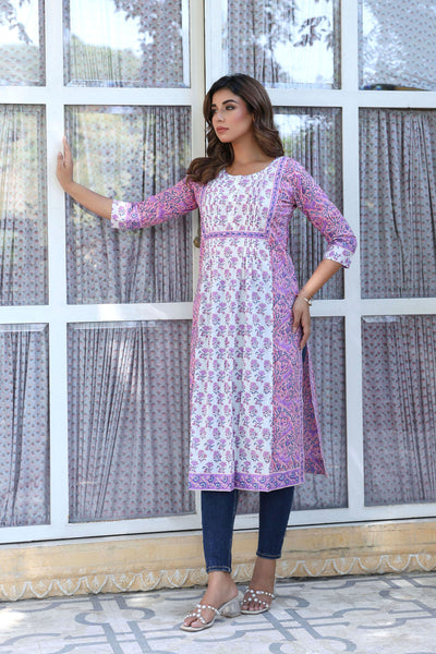 Purple Buti Floral Pintucks Panel Kurti