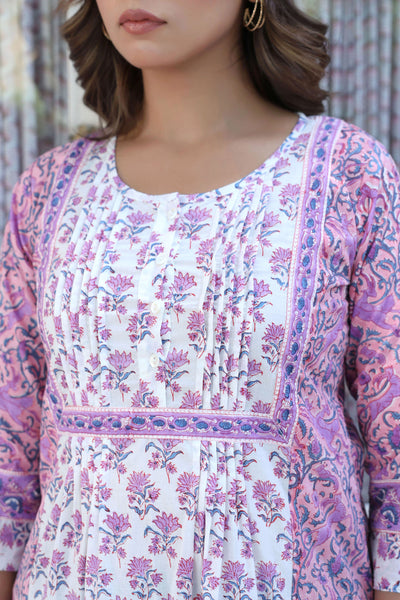 Purple Buti Floral Pintucks Panel Kurti