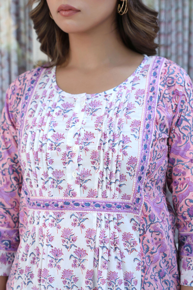 Purple Buti Floral Pintucks Panel Kurti