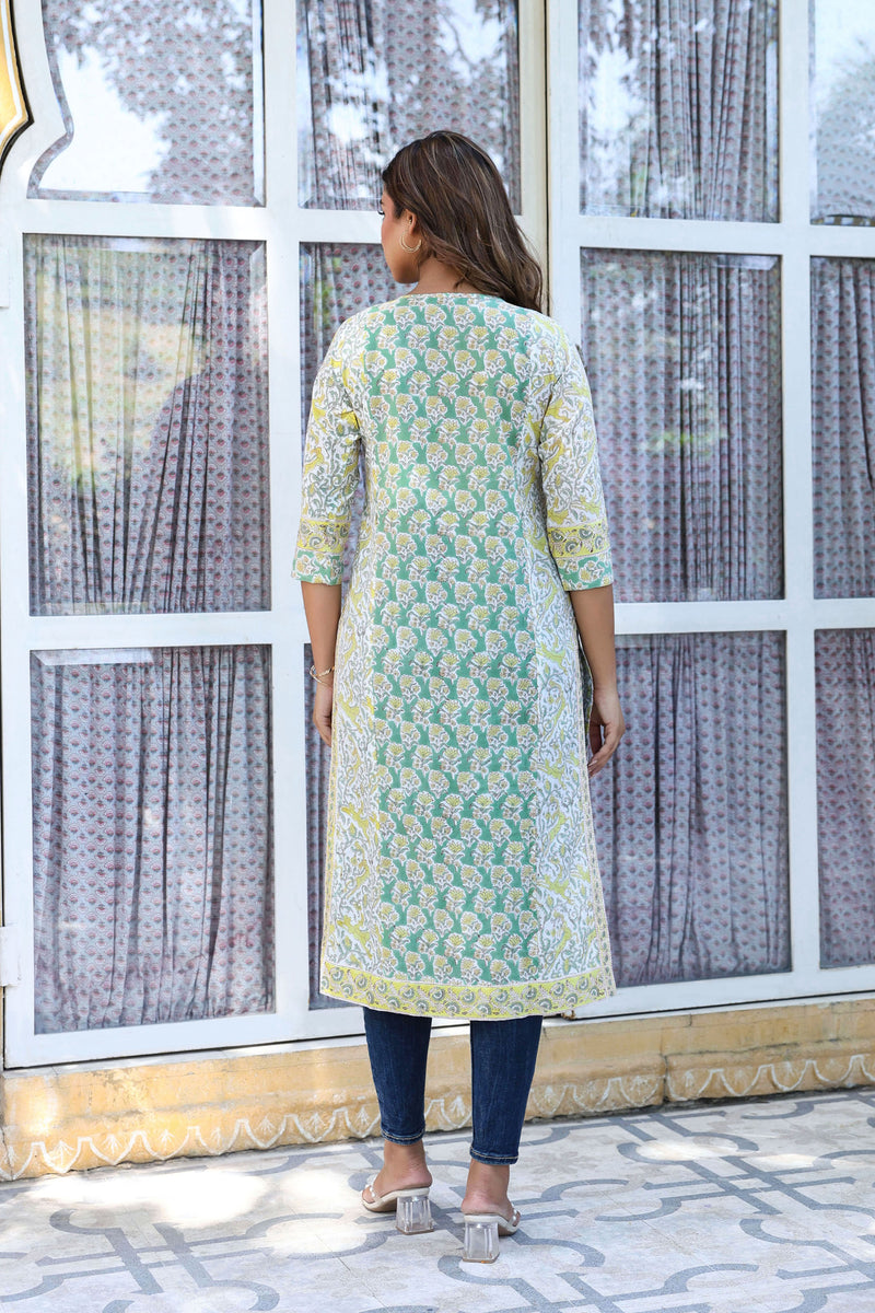 Green Yellow Buti Floral Pintucks  Panel Kurti