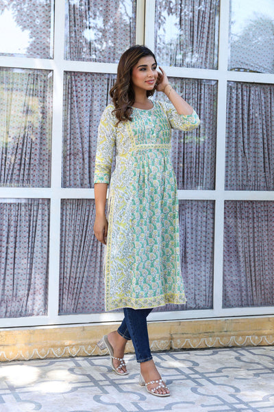 Green Yellow Buti Floral Pintucks  Panel Kurti