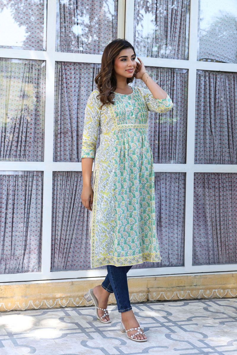 Green Yellow Buti Floral Pintucks  Panel Kurti
