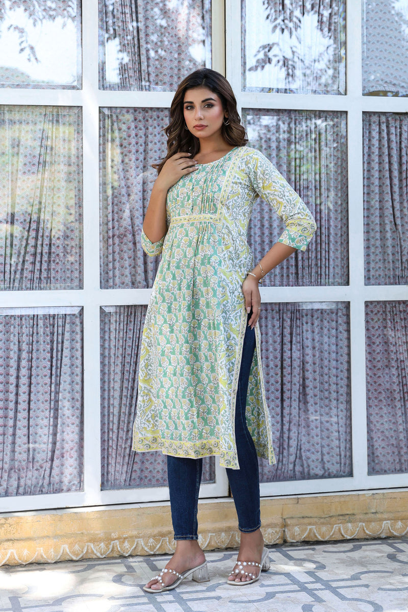Green Yellow Buti Floral Pintucks  Panel Kurti