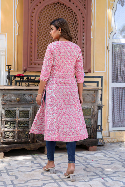 Pink White Floral Pintucks  Panel Kurti