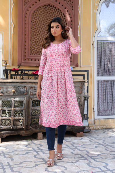 Pink White Floral Pintucks  Panel Kurti