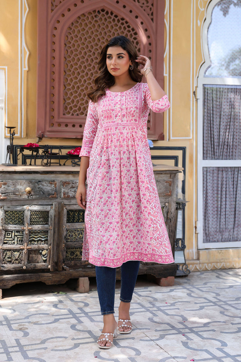 Pink White Floral Pintucks  Panel Kurti