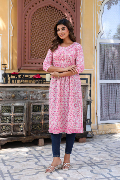 Pink White Floral Pintucks  Panel Kurti