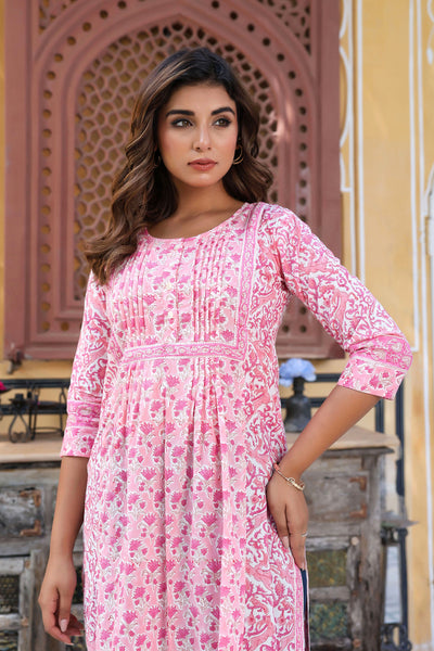 Pink White Floral Pintucks  Panel Kurti