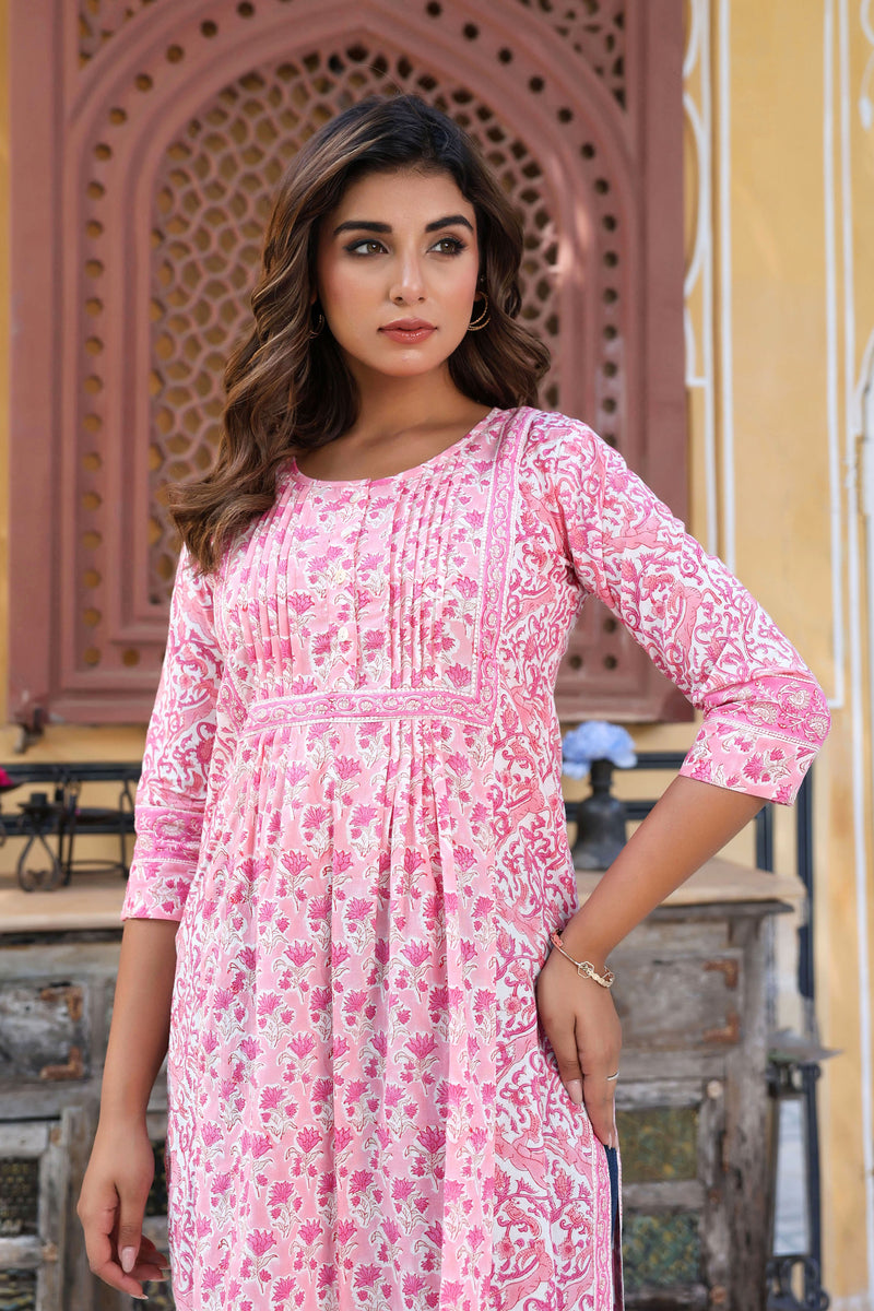 Pink White Floral Pintucks  Panel Kurti