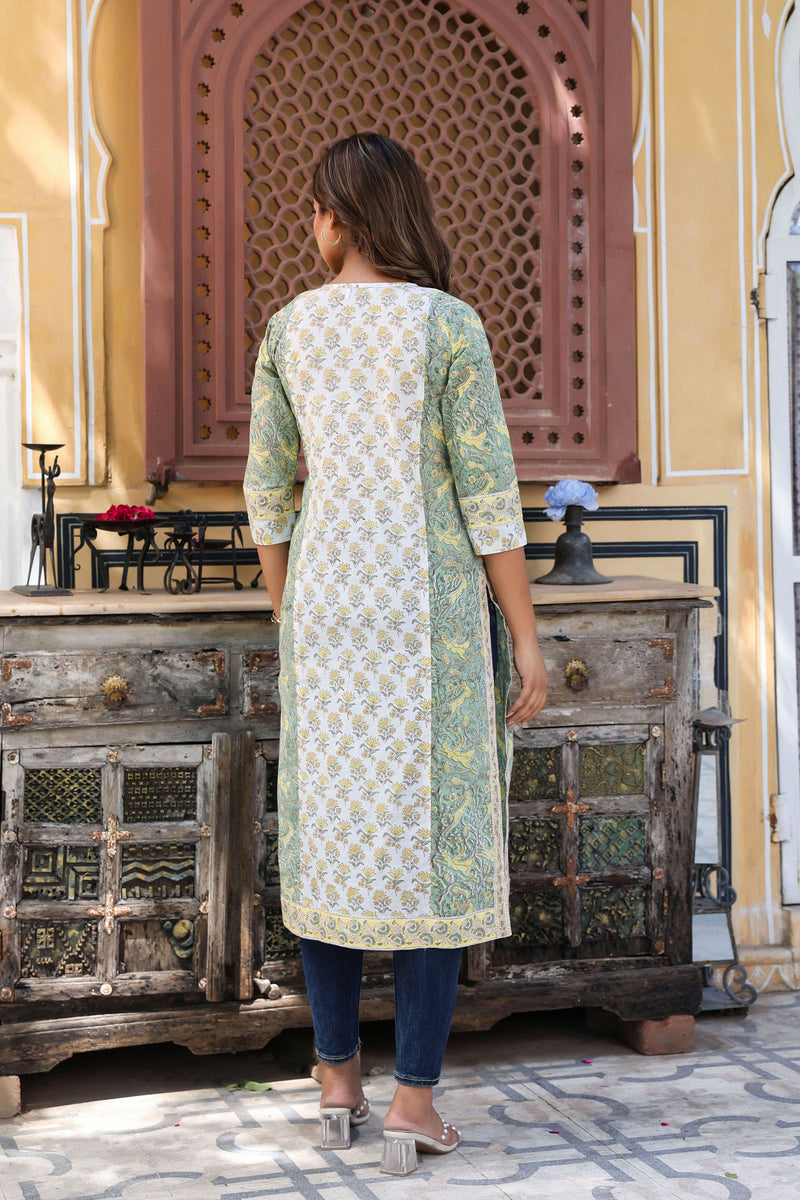 White Yellow Floral Pintucks Panel Kurti