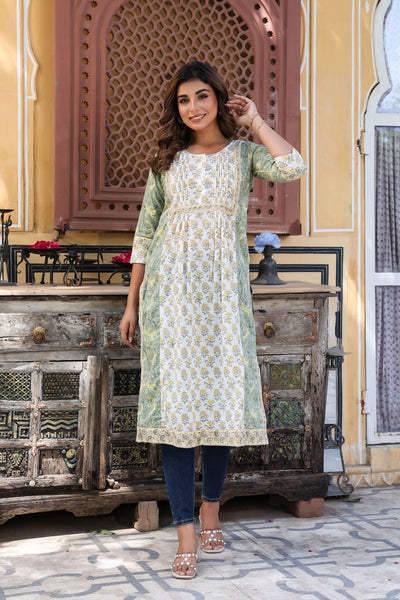 White Yellow Floral Pintucks Panel Kurti