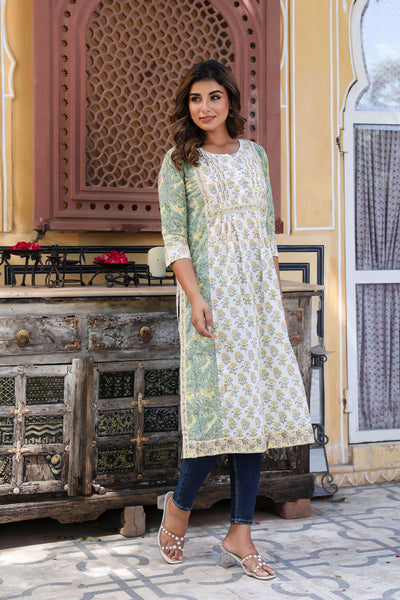 White Yellow Floral Pintucks Panel Kurti