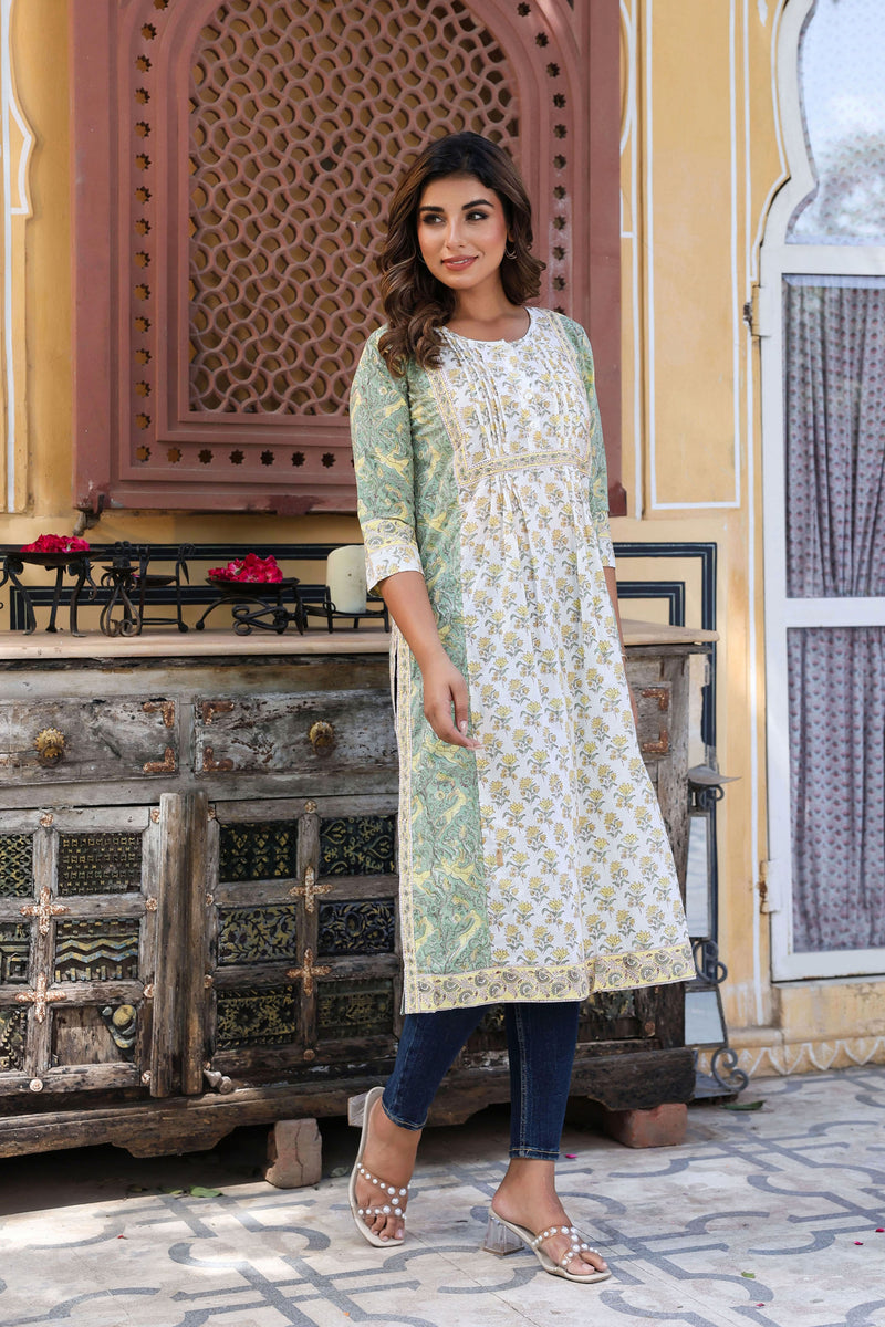 White Yellow Floral Pintucks Panel Kurti