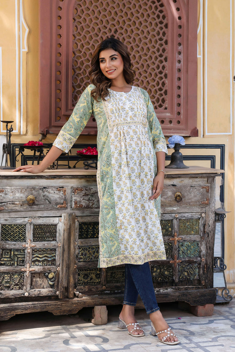 White Yellow Floral Pintucks Panel Kurti