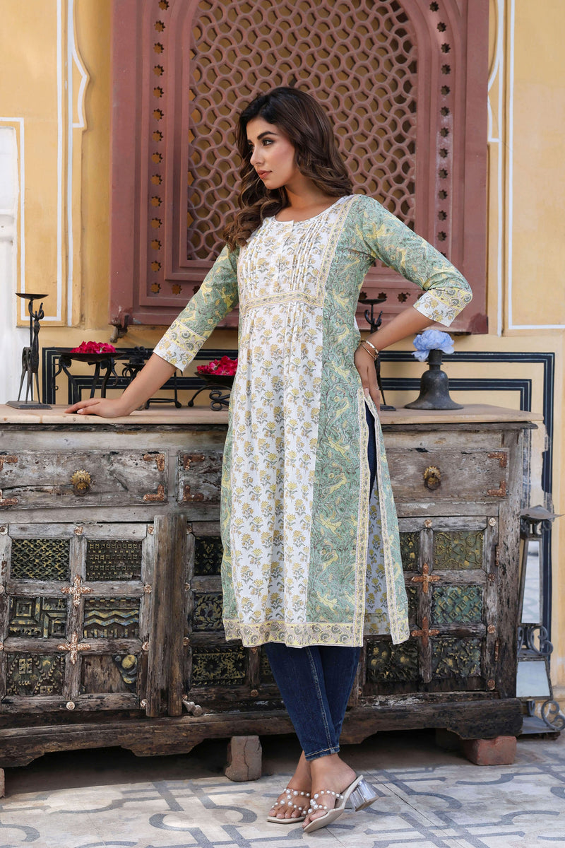 White Yellow Floral Pintucks Panel Kurti