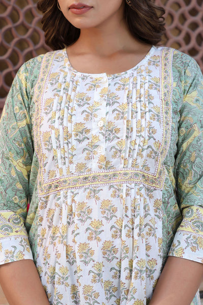 White Yellow Floral Pintucks Panel Kurti