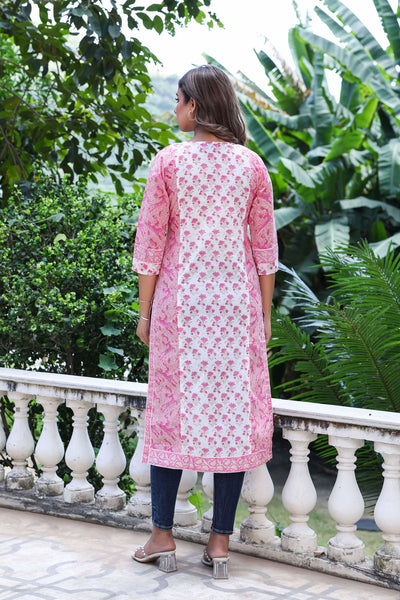 White Pink Floral Pintucks  Panel Kurti
