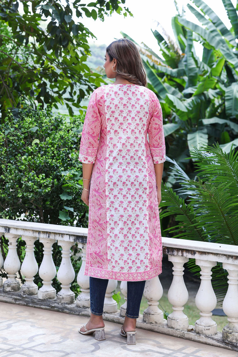 White Pink Floral Pintucks  Panel Kurti