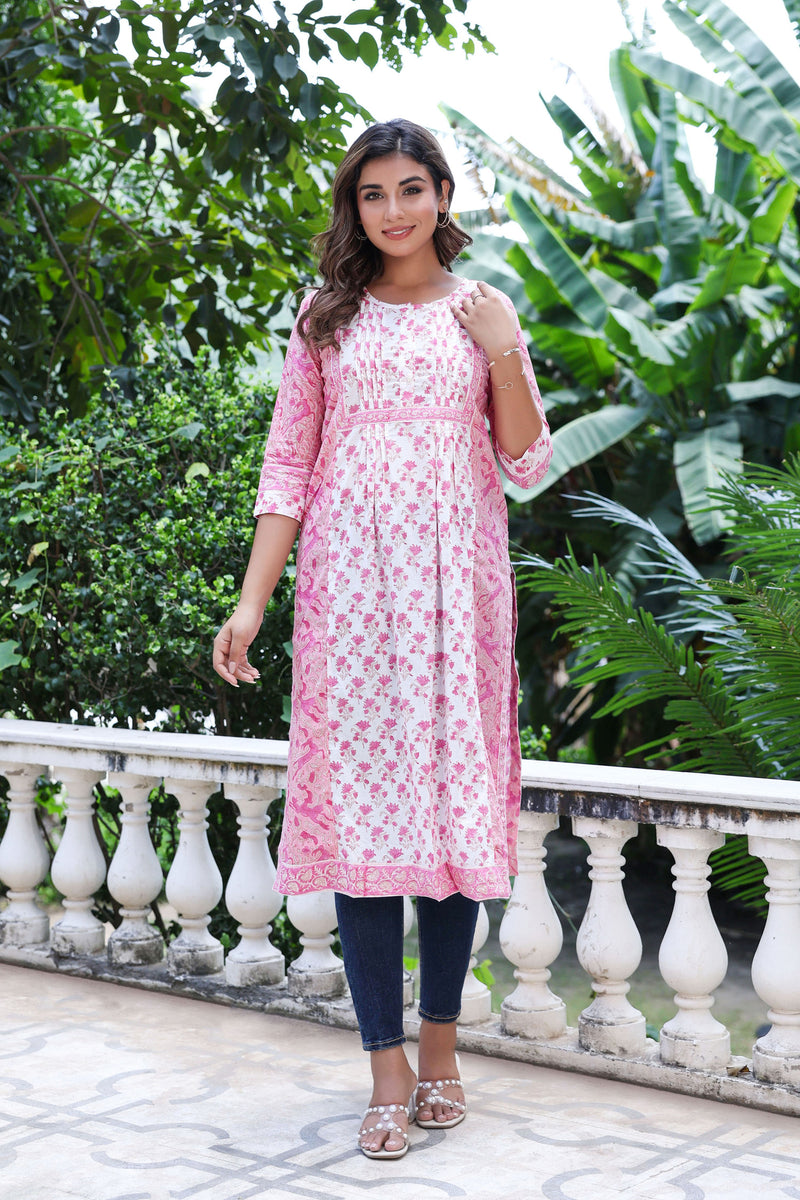 White Pink Floral Pintucks  Panel Kurti