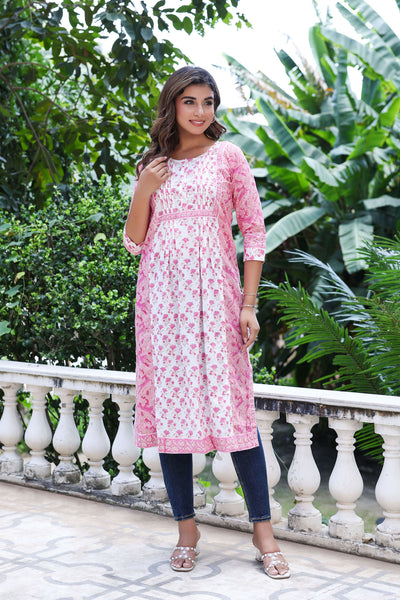 White Pink Floral Pintucks  Panel Kurti