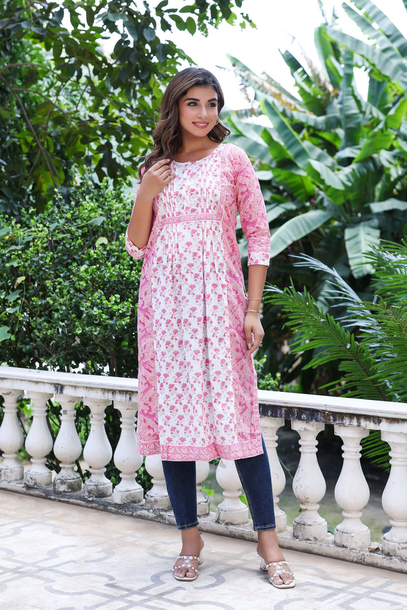 White Pink Floral Pintucks  Panel Kurti