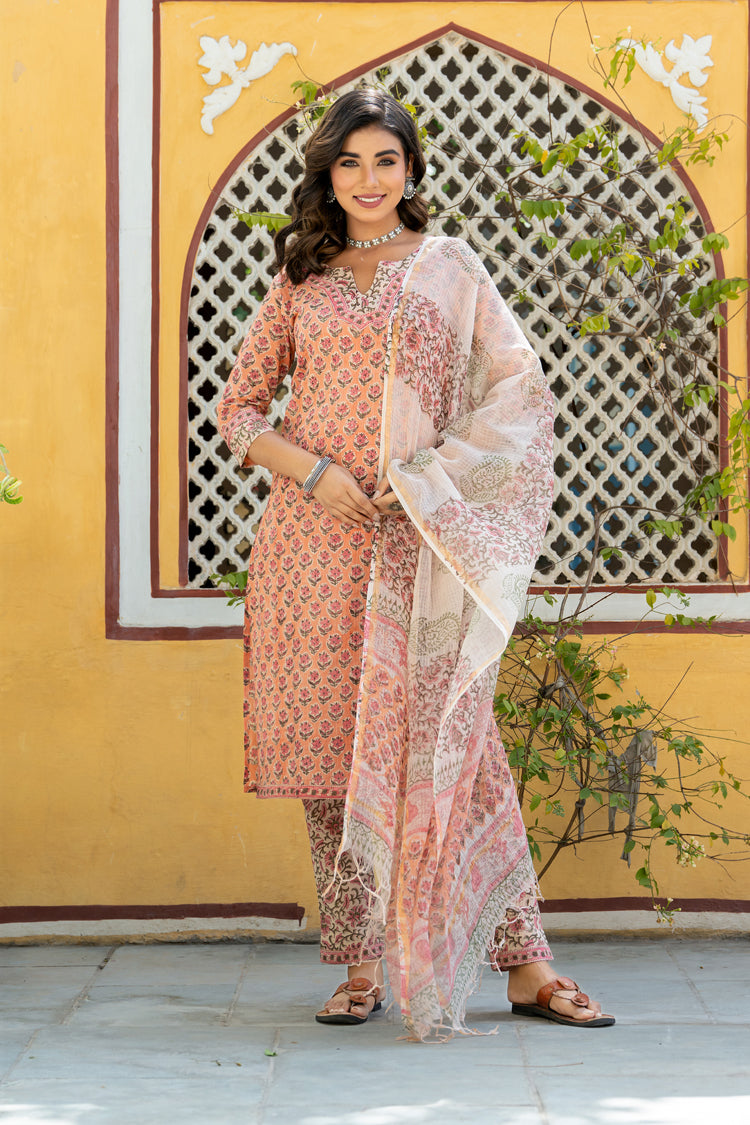 Orange Floral Buti Pintuks Kurta Set