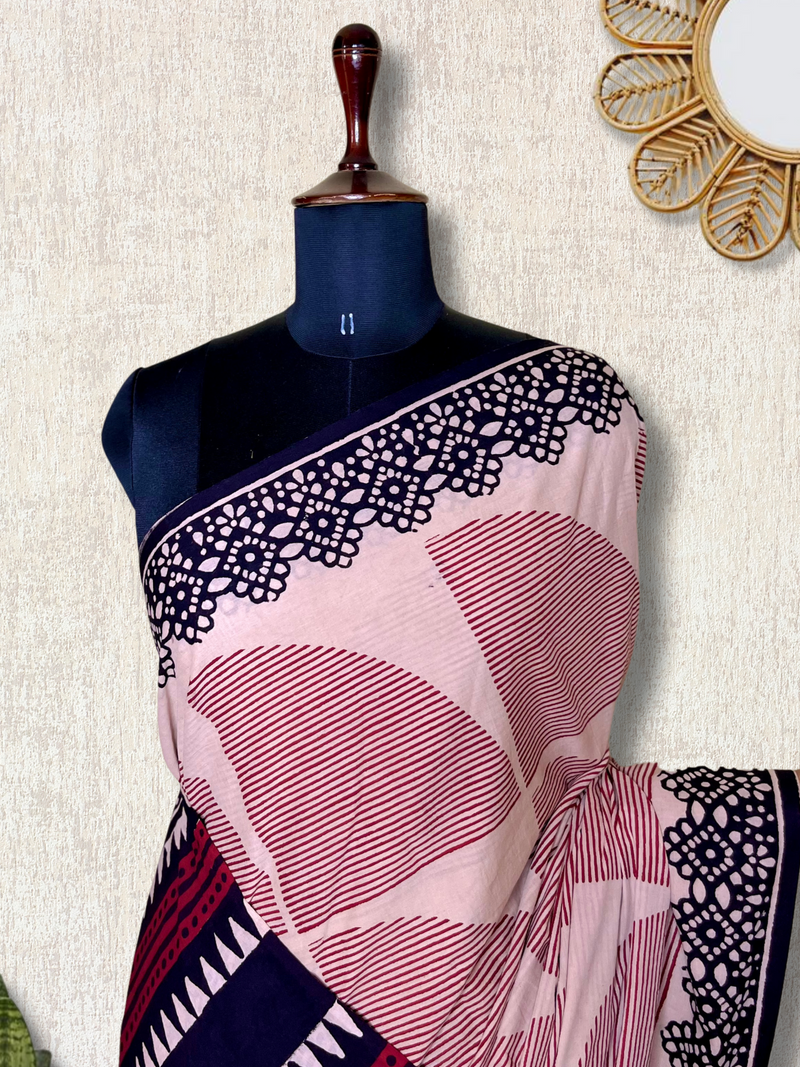 Handblock Printed Cotton Saree - Soft Peach + Mulberry Red