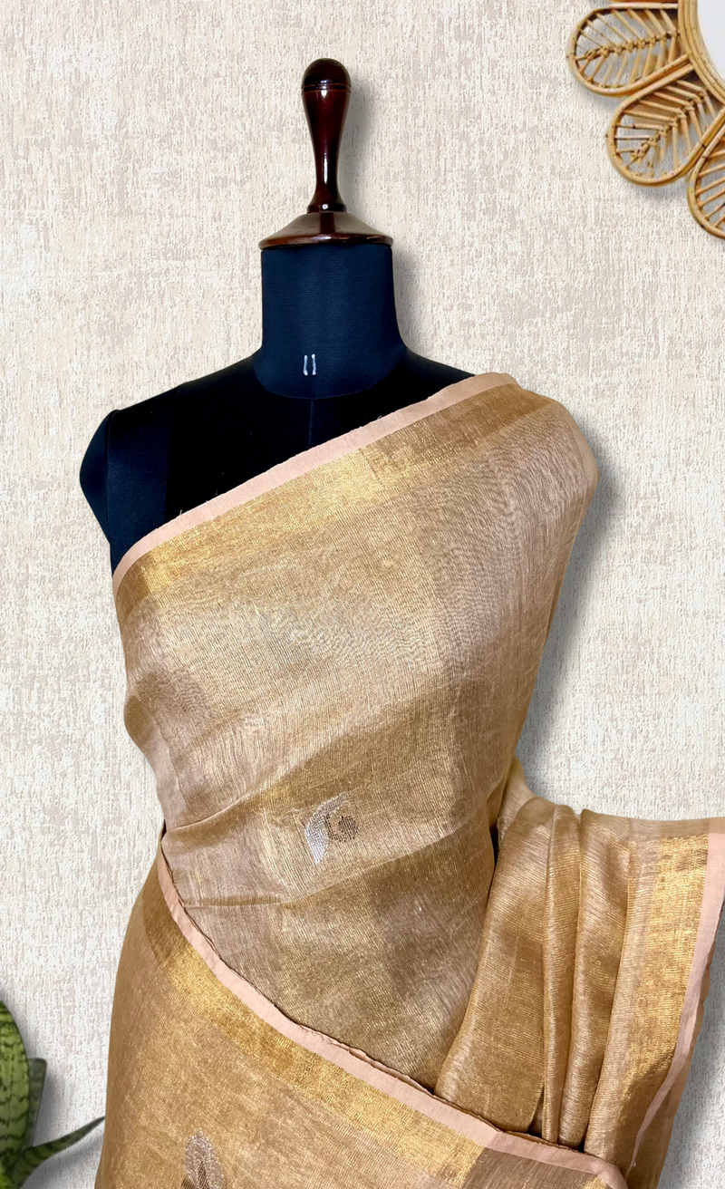 DIVA-Handwoven Metallic Linen Tissue Saree - Sandal Gold