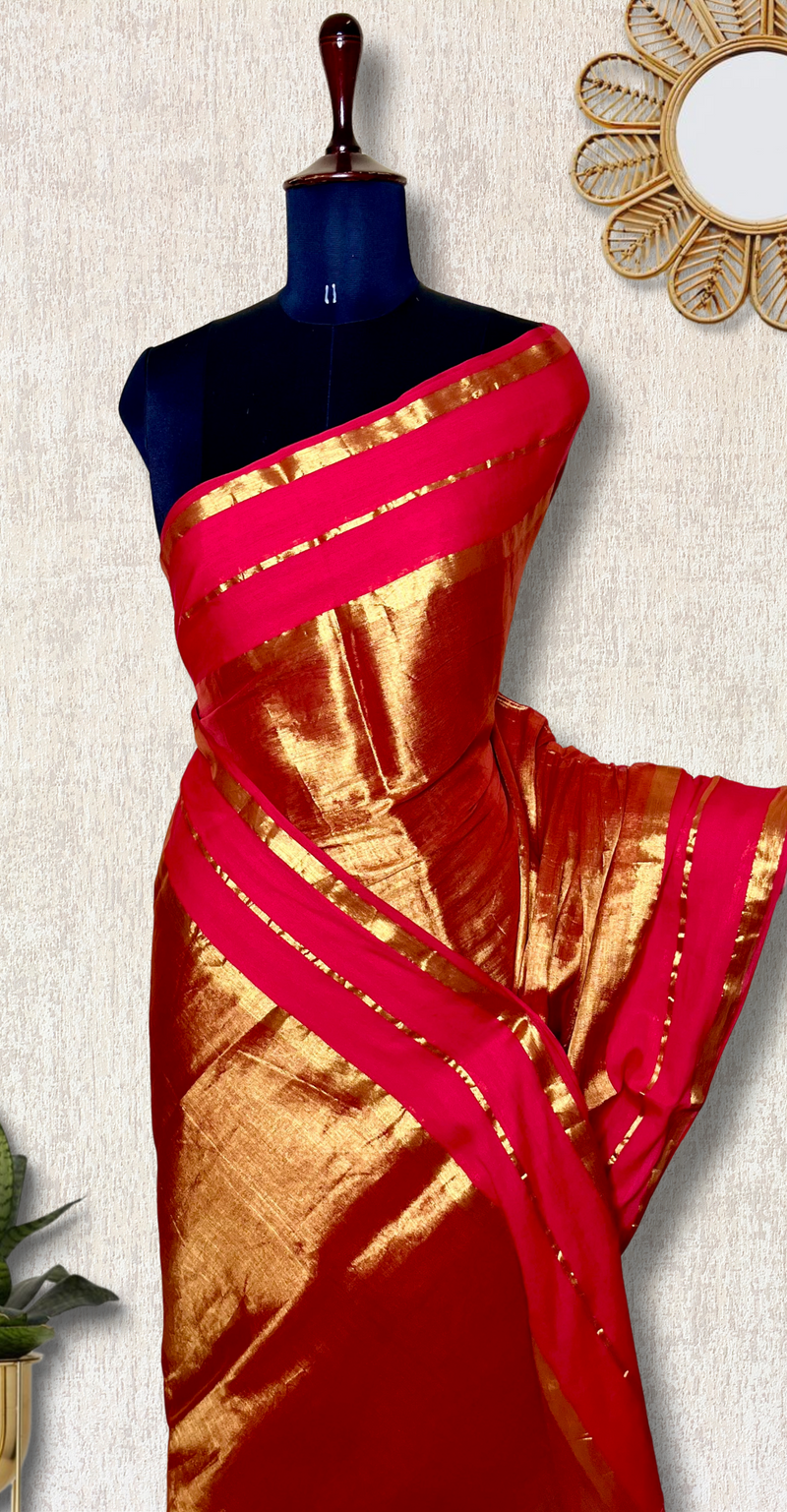 Handwoven Cotton Saree - Crimson Red+ Shimmer Gold