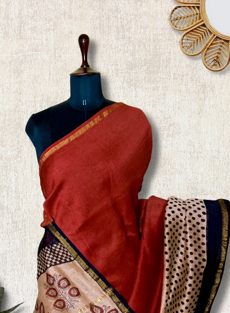 Handblock Printed Silk Cotton Saree -  Roman Red + Soft Pink