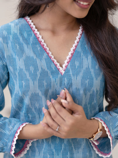 Frosted Vanilla Blue Ikat Handwoven Kurta