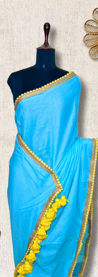 Handcrafted Cotton Saree - Sky Blue+ Lemon Yellow