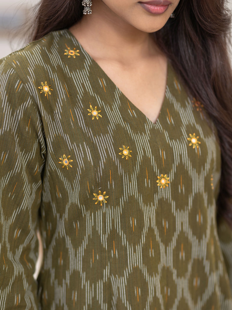 Avocado Hand Embroidered Handwoven Ikat Kalicut Co-ord
