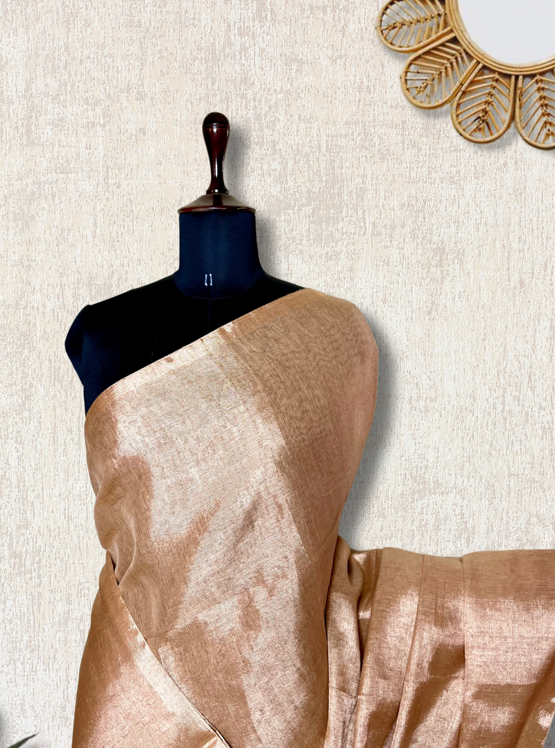 Handwoven Metallic Linen Tissue Saree - Copper Gold