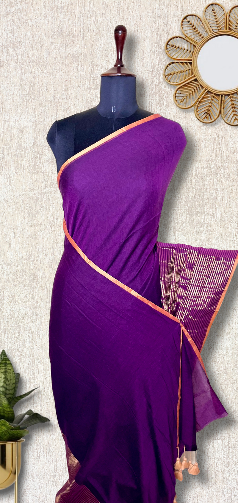 Handwoven Cotton Saree -  Electric Purple + Gold