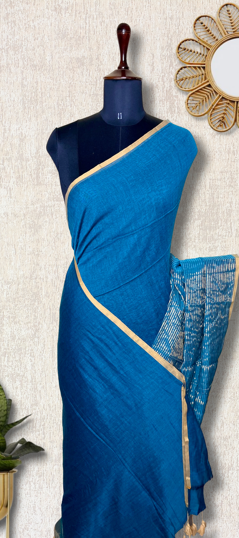 Handwoven Cotton Saree -  Teal Blue + Gold