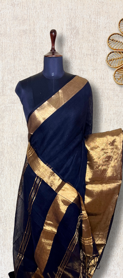 Handwoven Linen Saree - Russian Black + Gold