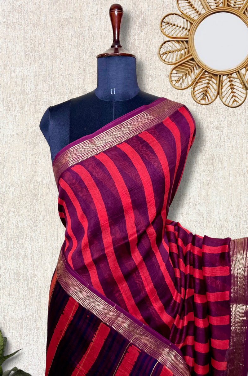 Handblock Printed Silk Cotton Saree - Crimson Red + Blackberry