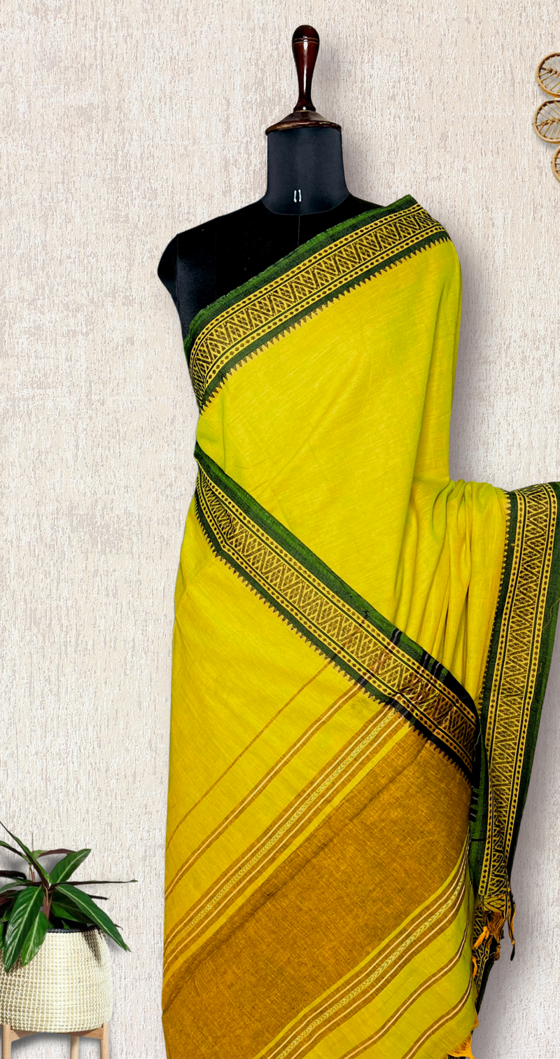 Handwoven Cotton Saree - Lime Green + Thatch Green