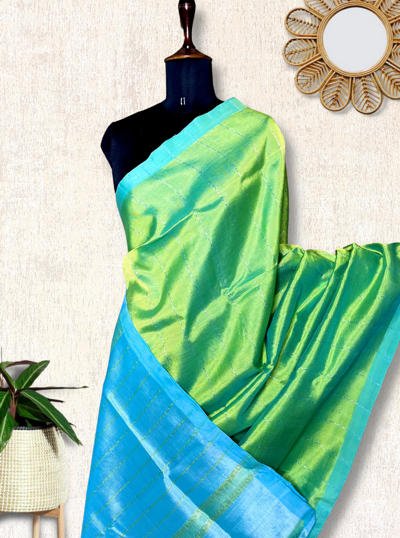 Handwoven Silk Cotton Saree -  Rich Pastel Green + Fountain Blue