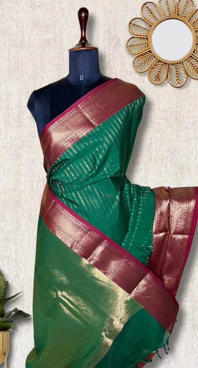 Kanchi Cotton Saree -  Deep Sea Green + Dark Wine